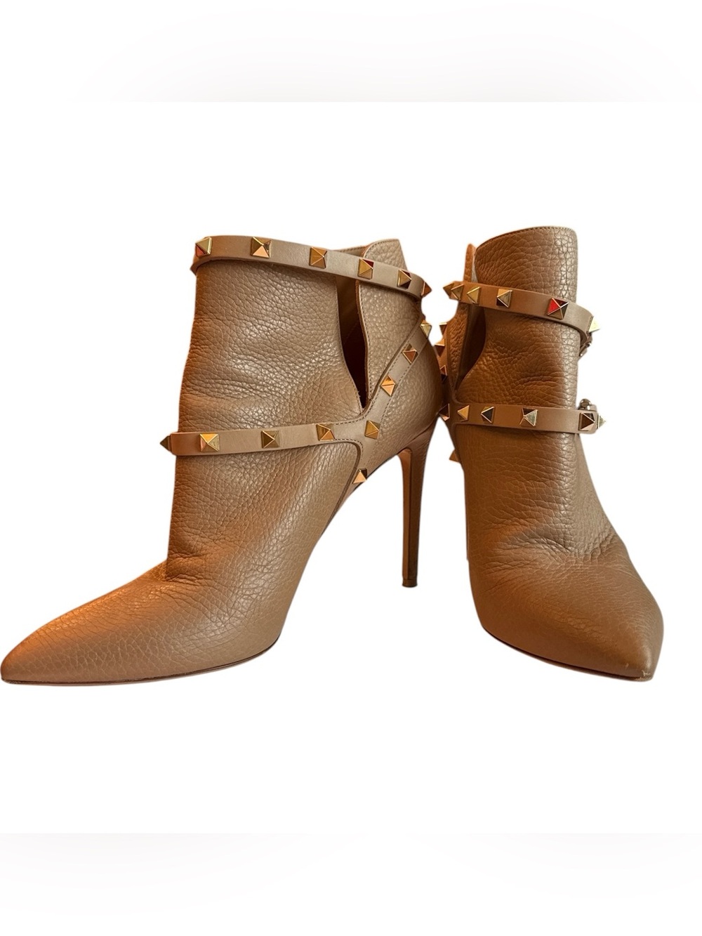 Valentino Tan Leather Pyramid-Stud Ankle Booties
